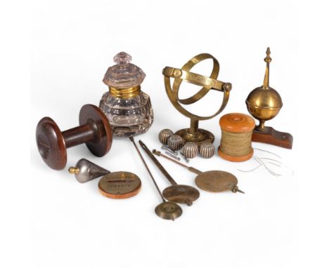 Antique octagonal cut-glass inkwell with brass mount, H14cm, clock pendulums, cotton reel, etc