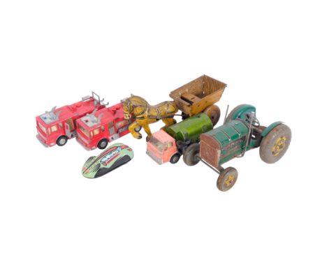 2 Dinky Toys Merryweather marquee fire tenders, a Dinky Toys Johnston road sweeper, a Vintage tinplate tractor, a Mar Toys cl