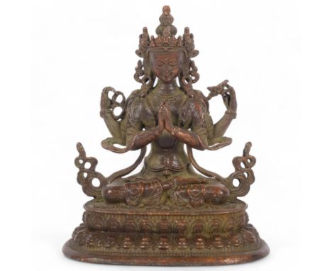 A Chinese miniature bronze seated Buddha, on double lotus base, 10cm