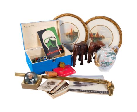 Carved hardwood elephant, marbles, teapot, pair of French circular pictures, etc