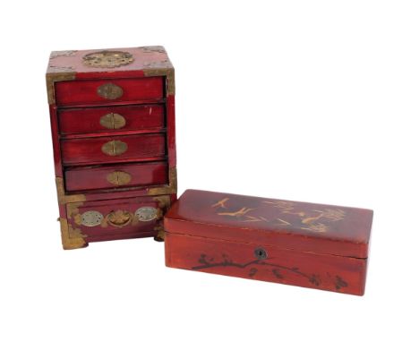 A Chinese brass and jade mounted table-top jewellery cabinet, and a Japanese gilded lacquer box, 30cm x 12cm (2)