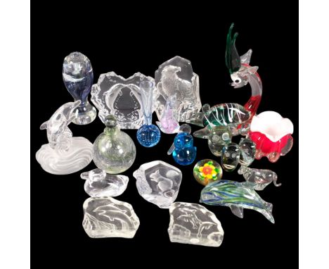 A collection of glass paperweights and figures, including a stylised antelope, H25cm, and a scent flask and stopper