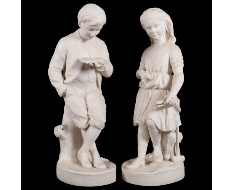 A pair of Copeland Parian Ware figures of children, by C Halse, titled Young England, H40cm