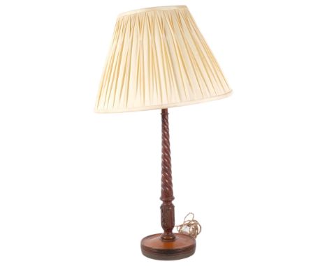 A turned wood spiral column and acanthus leaf table lamp, with shade, H71cm overall