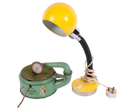 A Vintage child's tinplate wind-up gramophone, and a mid-century globe table lamp (2)