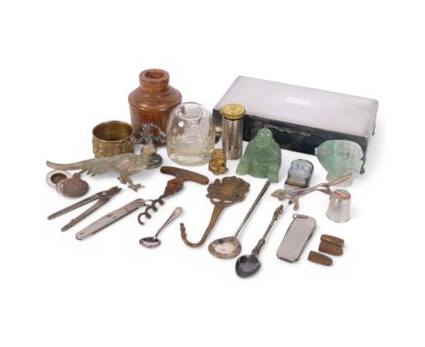 A collection of various items, including a silver plated cigarette box, nephrite Buddha, an agate and jade seal, corkscrews, 