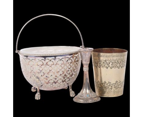 An Israeli sterling silver turquoise candlestick, 9cm, a silver plated sugar basket, etcLot sold as seen unless specific item