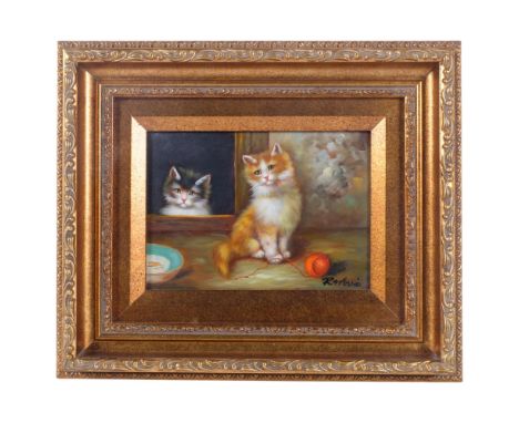R Mario - oil on board, kittens with a ball of string, 26 x 31cm overall , framed