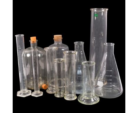 A group of Vintage scientific laboratory glass cylinder and conical measuring flasks, largest 46cm