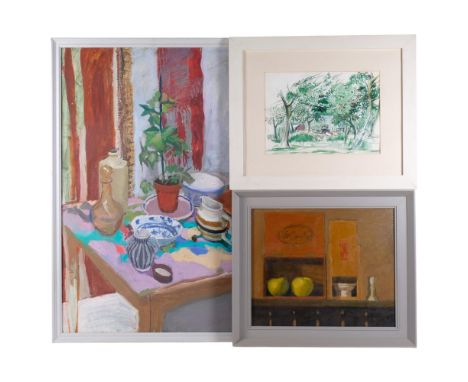 A group of 3 pictures, including oil on canvas, still life a set table, framed, contemporary oil on board, still life shelf o
