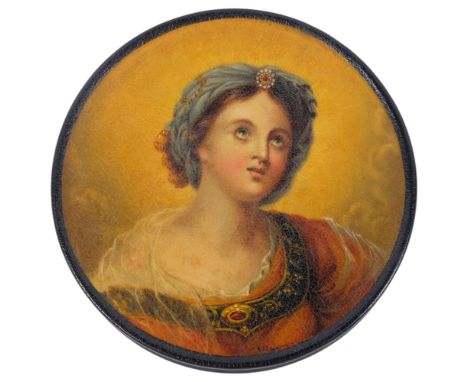 A Victorian black lacquered papier mache circular box and cover, with printed portrait of a young lady wearing a jewelled hea