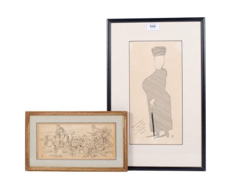 A Beddington Collection sketch, portrait of a lady, framed, 45cm x 29cm overall, and a hunting scene sketch, initialled S, "S