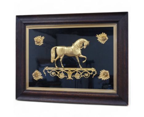A 19th century gilt-bronze relief Ducrow circus horse, with floral bosses, oak-framed and glazed, 59cm x 77cm overall
