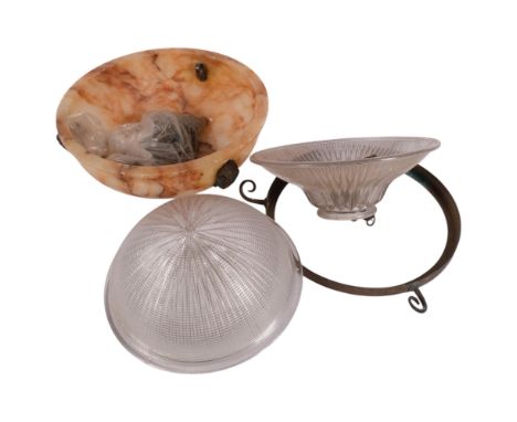 An Art Deco coloured marble hanging light fitting, with ram's head mounts, diameter 30.5cm, together with 2 Holophane light f