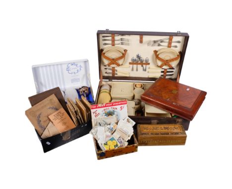 Cased fish cutlery, cigarette cards, boxed plated goblets, Vintage picnic set, and an inlaid box