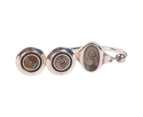 A Scandinavian sterling silver mineral sample and glass bangle and clip-on earring set, bangle setting height 32mm, internal 