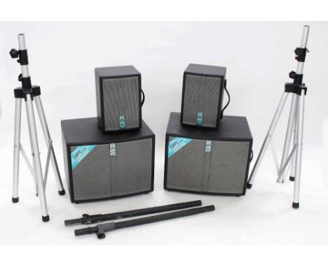 Pair of HK Audio CC112 Subwoofers and a pair of HK Audio CC82 Speakers; together with two PA Speaker stands and two others
