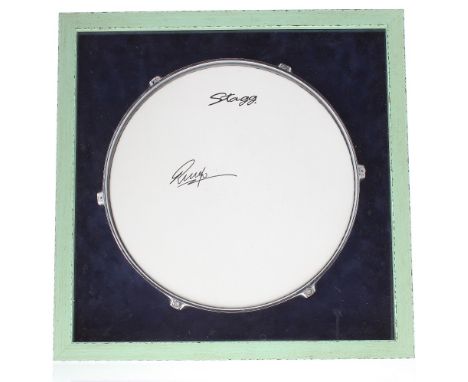 The Beatles - Ringo Starr autographed Stagg drum skin, mounted within a plush lined green frame, 20" x 20"*From a Gentleman C