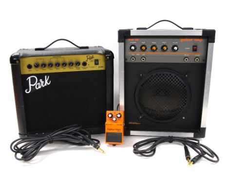 Boss DS-1 Distortion guitar pedal, made in Taiwan; together with a Park G10R guitar amplifier, a Bullet VM10 guitar amplifier