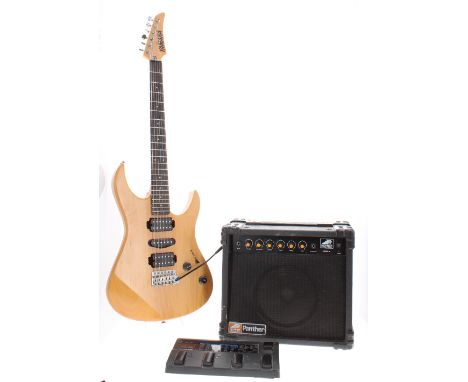Yamaha electric guitar, natural finish, case; together with a Panther amplifier and a Zoom 2100 multi effect pedal (3)