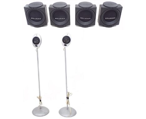 Pair of Kef reference speakers on stands; together with two pairs of Wharfdale Modus Cube speakers, boxed; also a selection o