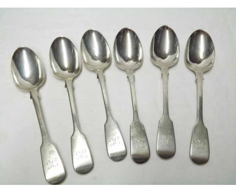 Set of six Victorian Silver Dessert Spoons, Fiddle pattern, each bearing the letter 'K' in italics to the handles, London 184