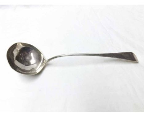 George II Soup Ladle, Old English pattern, base marked for London 1765, makers marks unclear, 12" long, 160 gms (A/F)   50-70