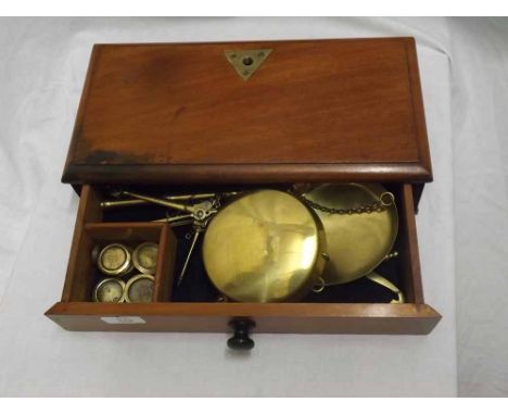 Set of Mahogany based vintage Brass Balance Scales with weights, 14 1/2" wide   40-50
