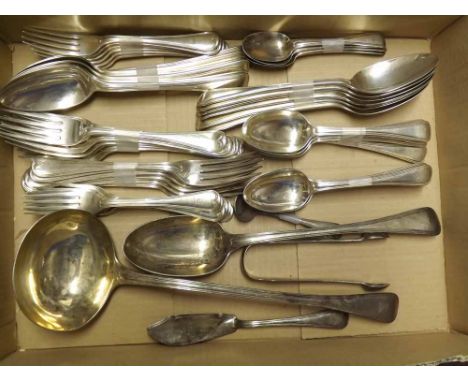 A good set of Victorian Silver flatwares in double-threaded Old English pattern, comprising twelve Table Forks, twelve Desser