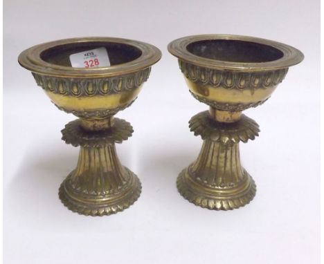 A pair of Vintage Brass Pedestal Vases, possibly of ecclesiastical interest, 6" high 