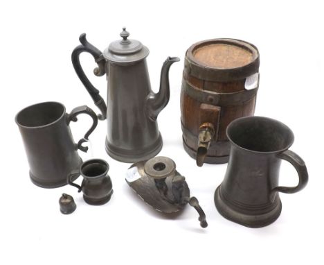 A collection of various Metal Ware including Pewter Tankards and a further Measure, a Pewter Coffee Base, a base metal Chambe