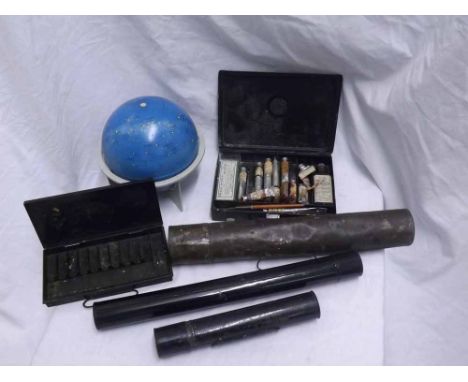 Vintage black tin-cased artist's box by Winsor & Newton and one other, three vintage document holders and a modern maritime g