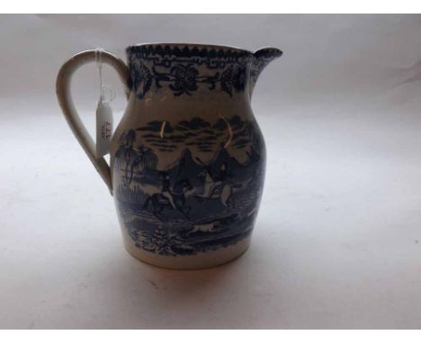 Unusual 19th Century blue and white Jug decorated with a tiger hunting scene, no makers marks apparent, 6 1/2" high 