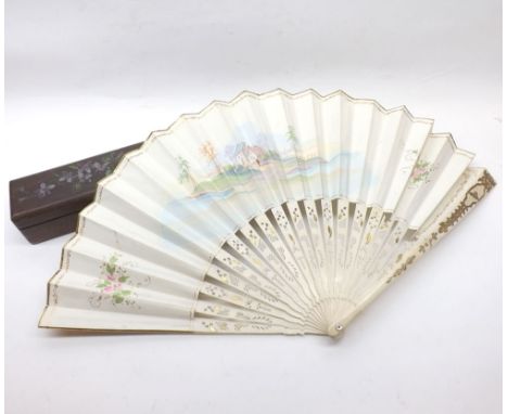 A Vintage Bone/composition Fan, the panel decorated on either side with 18th Century scene of figures in a garden and cottage