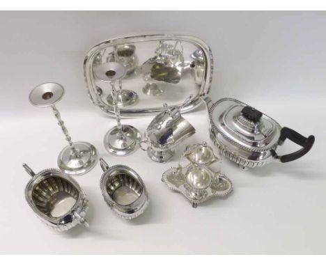 Box of assorted electro plated wares including early 20th Century three-piece Tea Set of half fluted oval form comprising Tea