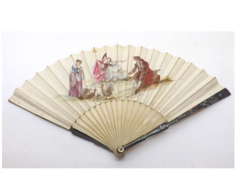 A Vintage Fan, the who ebonised and Shibayama decorated end sticks, central bone or composition sticks, and the panel decorat