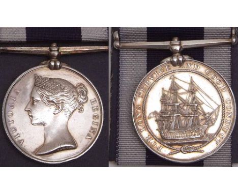 Royal Naval Long Service and Good Conduct Medal, QV, wide suspender to W R Wills, Colour Sergeant, 43rd Company R M 21 years 