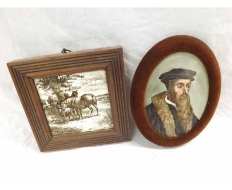 An Oval Portrait on Tile depicting a gentleman with a full beard and wearing an ermine trimmed robe, together with a further 