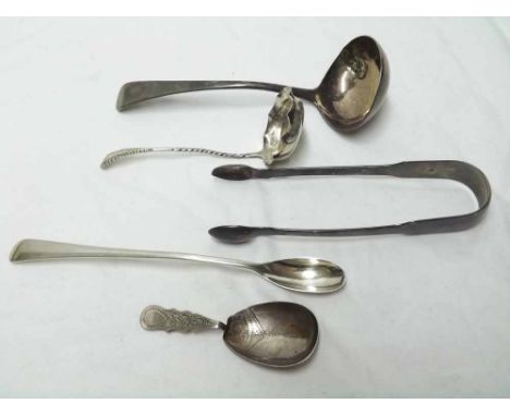 A mixed group comprising a Georgian Silver Sauce Ladle, Old English pattern, London 1901, by the Batemans (poor old repair to