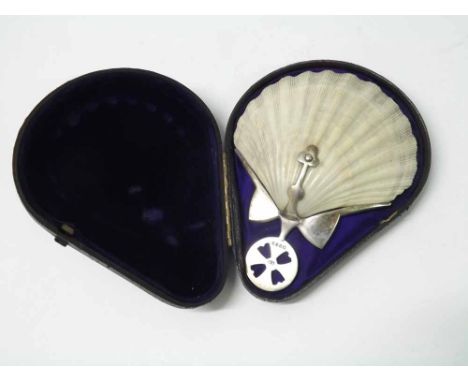 Victorian leather cased ecclesiastical natural shell formed Holy Water Ladle, the Silver mounts with pierced finial, 5" x 4" 