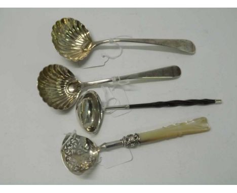 A mixed lot including a George III Old English pattern Sauce Ladle with shell bowl, and bearing a crest, marks unclear but pr