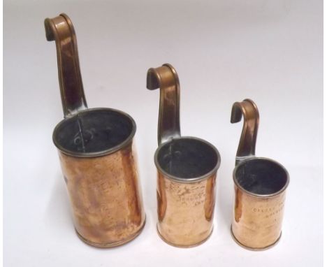A set of three Vintage Copper Measures, each inscribed "Church Farm Lambley" and stamped "V R", of cylindrical form with elon