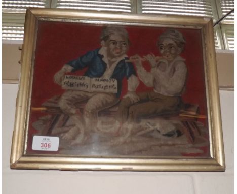 A Victorian Grospoint Wool Embroidered Picture of poor children, one playing a flute, 8 3/4" x 11" 