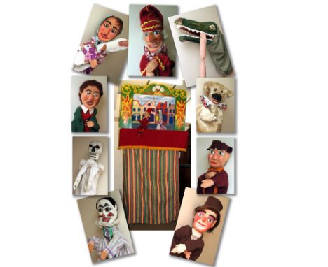 A traditional mid-20th Century Punch and Judy Booth of light wooden frame construction with striped cotton canvas covering, h