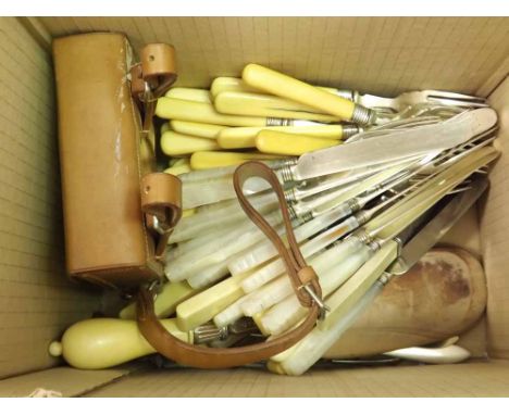 Box of assorted flatwares including Fish and Dessert eaters, some with Mother of Pearl handles, Crumb Scoop and leather cased