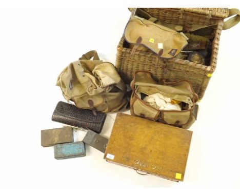 Wicker fishing basket/seat, two canvas bags, box etc with assorted angling items, lures, flies, floats, casts, trophies etc 8