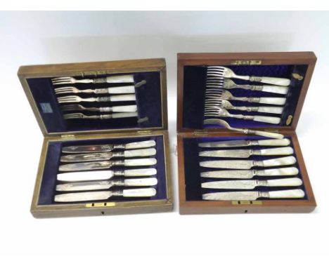 Mahogany cased set of six pairs of electro plated Fruit Knives and Forks with Mother of Pearl handles together with a similar