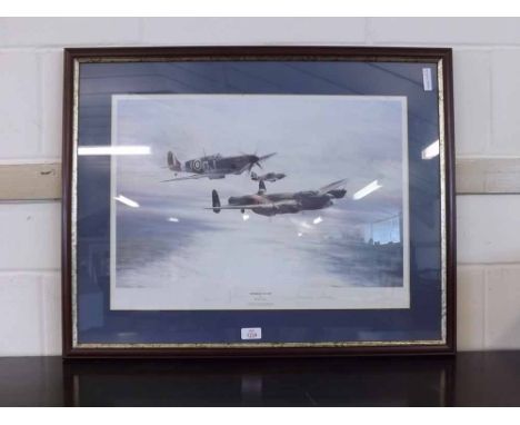 Coloured lithograph 'Memorial Flight' by Robert Taylor depicting the Spitfire, Hurricane and Lancaster of the RAF Memorial Fl