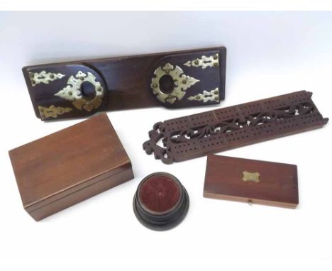 A mixed lot: set of Brass mounted adjustable Book-ends, Cribbage Scoreboard (incomplete), small Instrument Box and one other 