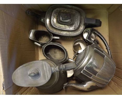 Small collection of metal wares including three-piece Tea Set, further Tea Pot, Hot Water Jug etc